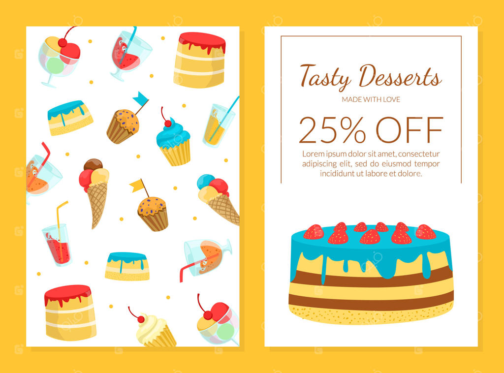 قالب پیشنهاد ویژه دسرهای خوشمزه، بروشور تعطیلات شاد، منو، کوپن، بنر، پوستر و تصویرسازی