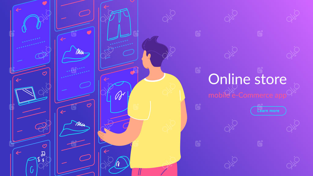 مرد جوان با نگاه به کارت‌های محصولات محبوب در تجارت الکترونیک، لذت از خرید و خدمات آنلاین و شبکه‌ها. تصویرسازی با خطوط گرادیان از رابط کاربری، تجربه کاربری و استفاده از اپلیکیشن‌های موبایل.