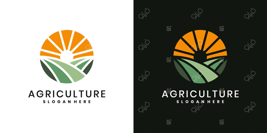 طراحی لوگوی کشاورزی با منظره خورشید و مزرعه