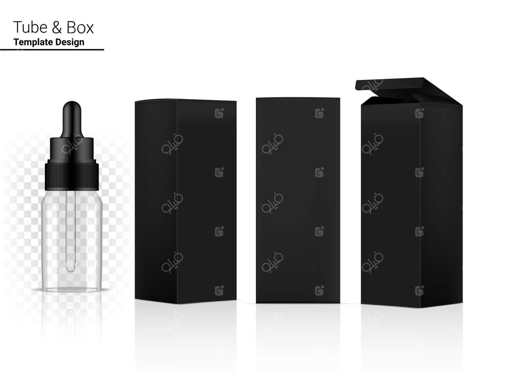 تصویر واقعی بطری قطره‌چکان شفاف و جعبه‌های سه‌گانه برای محصولات مراقبت پوستی یا دارو، بر روی زمینه سفید. طراحی مفهومی برای بهداشت، پزشکی و علوم.