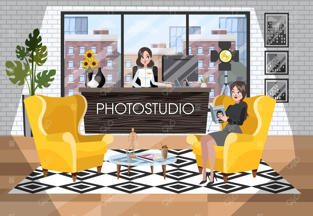 فضای داخلی پذیرش آتلیه عکاسی؛ زنی در انتظار عکاس.