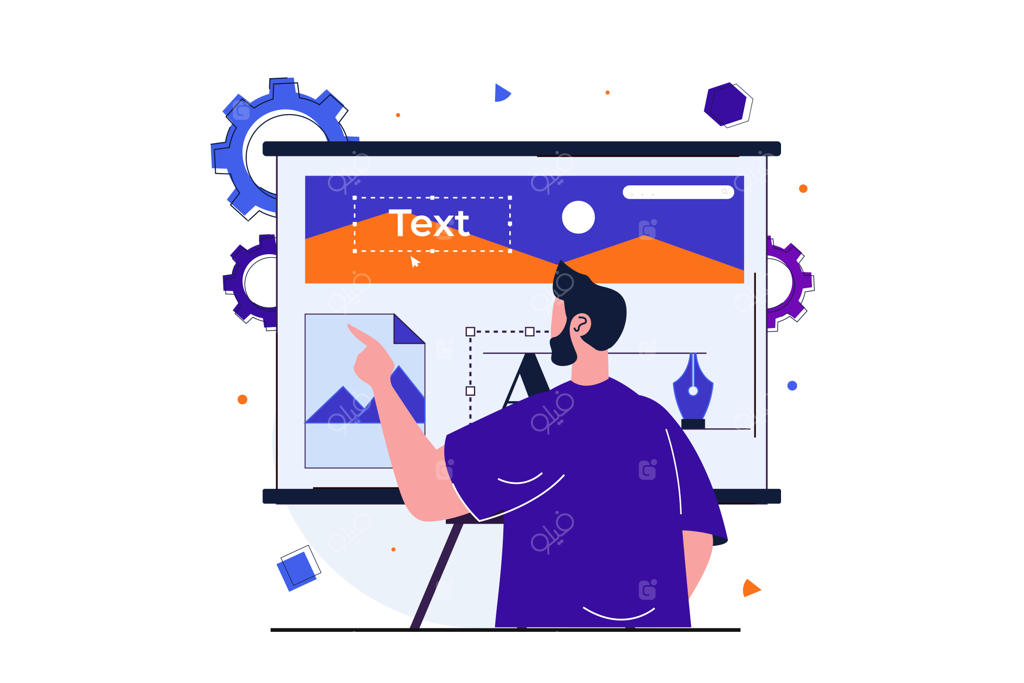 طرح مفهومی فلت و مدرن استودیو طراحی برای بنر وب؛ توسعه‌دهنده مرد در حال کار روی طرح‌بندی