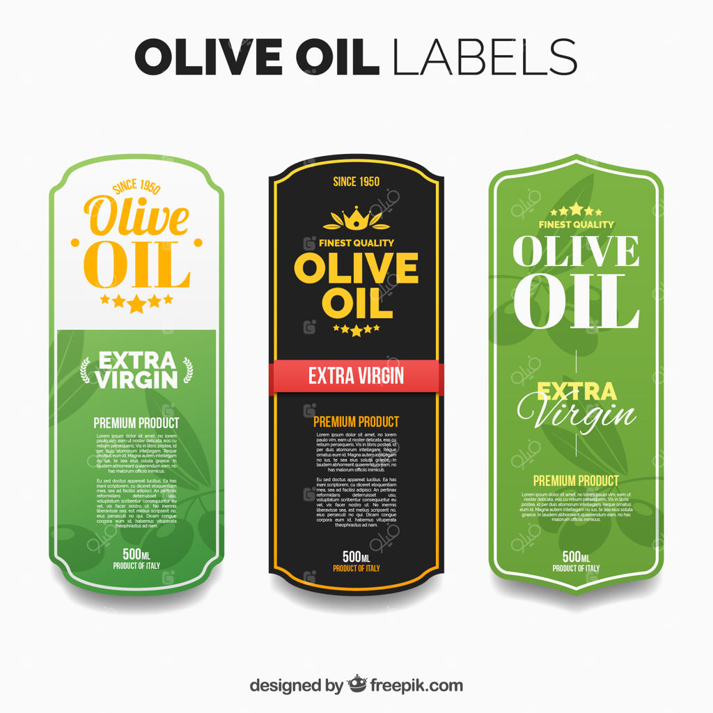 چندین برچسب روغن زیتون با جزئیات رنگی