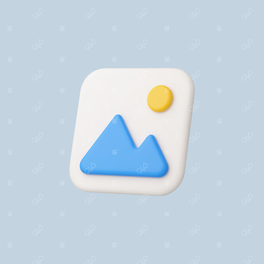 آیکون عکس سه‌بعدی با کوه‌های آبی و خورشید زرد