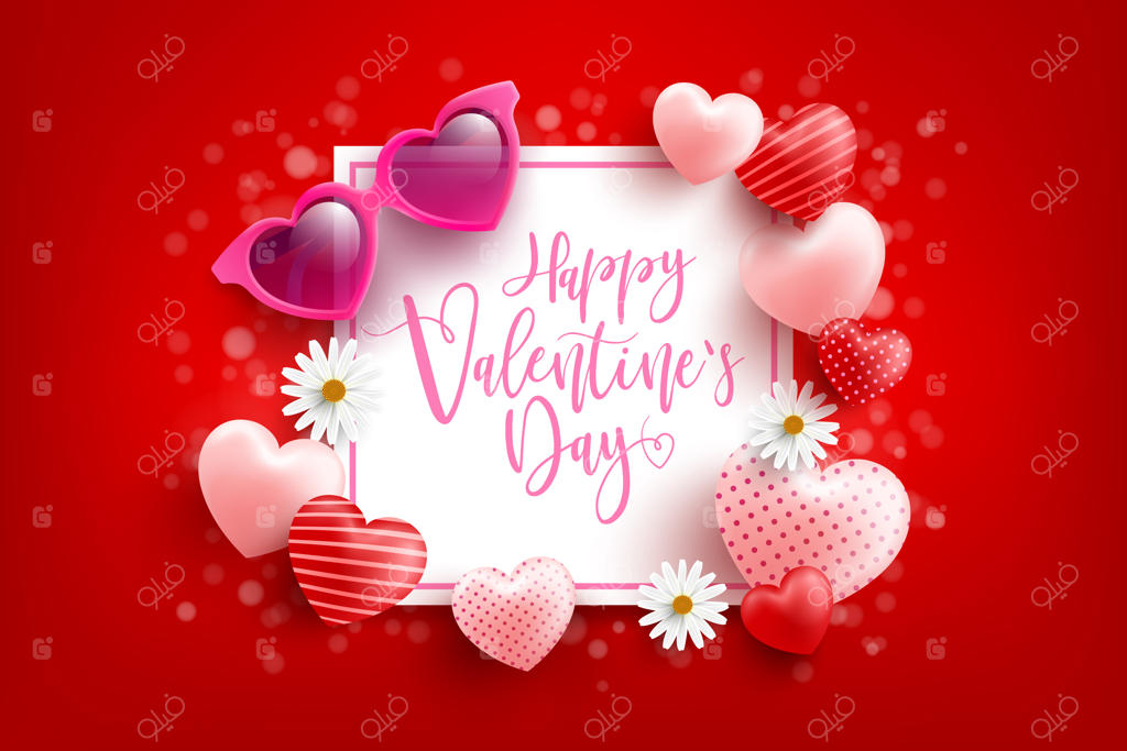 پوستر یا بنر حراج روز ولنتاین با قلب‌های شیرین و عینک آفتابی قلبی شکل بر روی زمینه قرمز. قالبی برای تبلیغات و خرید ویژه روز عشق و ولنتاین.