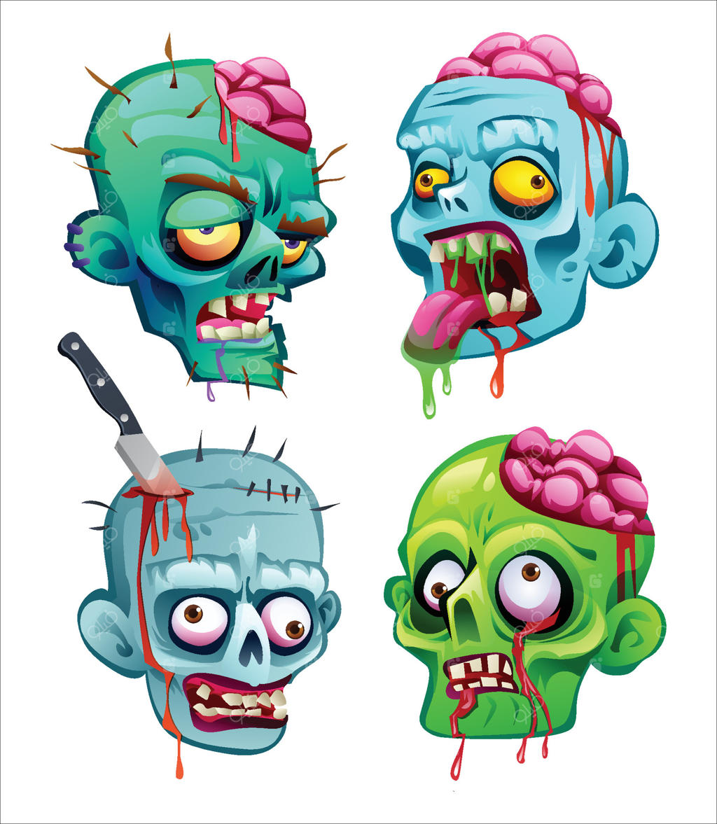 مجموعه‌ای از سر زامبی‌های کارتونی با مغزهای بیرون زده و جزئیات ترسناک