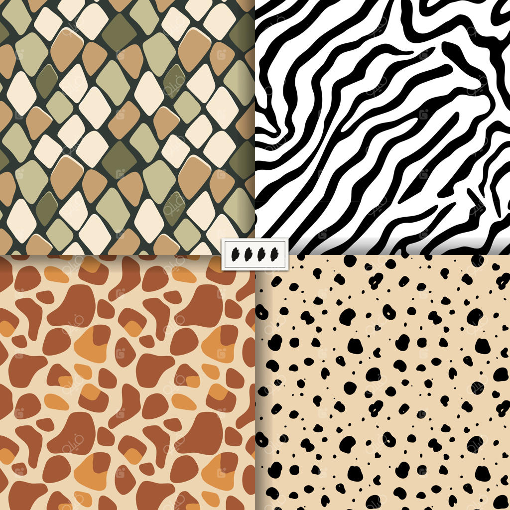 الگوهای بی‌نقص پوست حیوانات وحشی: زرافه، مار، یوزپلنگ، راه‌راه‌های گورخر. پس‌زمینه‌ای دست‌نقاشی شده از پوست حیوانات عجیب و غریب