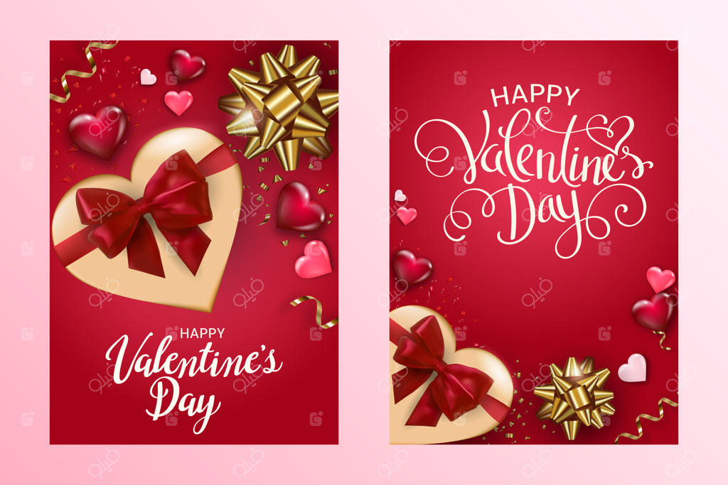 مجموعه کارت‌های روز ولنتاین با جعبه هدیه، قلب‌های برجسته و روبان‌ها.