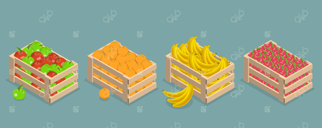 تصویر ایزومتریک سه‌بعدی از بسته بازار ارگانیک چوب، میوه‌های باغی، کشاورزی