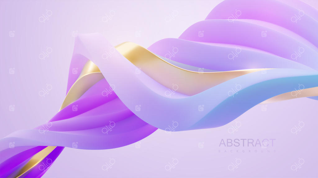 والپیپر مینیمالیستی انتزاعی با نوارهای مواج بنفش و طلایی در هم تنیده