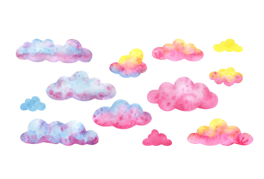 آسمان رنگارنگ: مجموعه‌ای بزرگ از ابرهای آبرنگی در رنگ‌های صورتی، زرد و آبی.