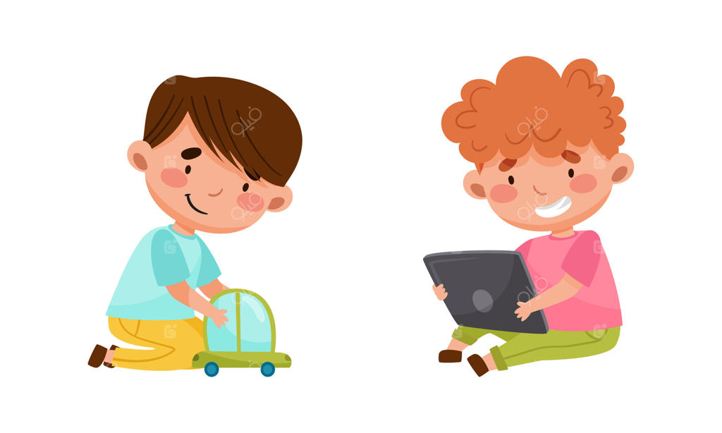 تصویر کارتونی: دختران کوچولوی بامزه در حال بازی با ماشین اسباب‌بازی و استفاده از تبلت