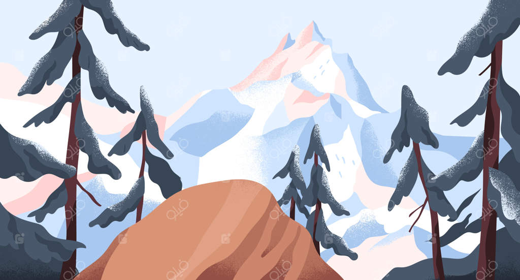 نمای پانورامیک از صخره در قله کوه پوشیده از برف. منظره آرامی از طبیعت با جنگل و کوه‌های برفی. چشم‌انداز زمستانی آرام از ارتفاعات. تصویرسازی تخت رنگارنگ.