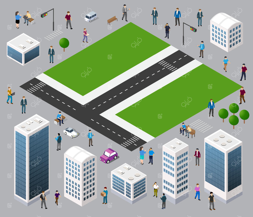 شهر ایزومتریک: مردم و ماشین‌ها در خیابان