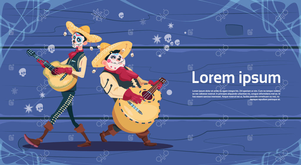 دعوت‌نامه مهمانی تعطیلات هالووین مکزیکی روز مردگان - تزئین جشن و نوازندگی اسکلت گیتار