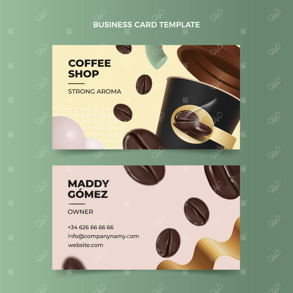 کارت ویزیت افقی شبیه‌سازی شده برای کافی‌شاپ
