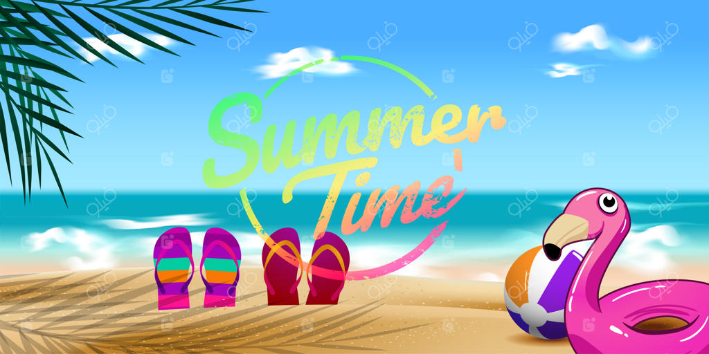 تصویر پس‌زمینه تابستانی دریا با دمپایی و شناور بادی