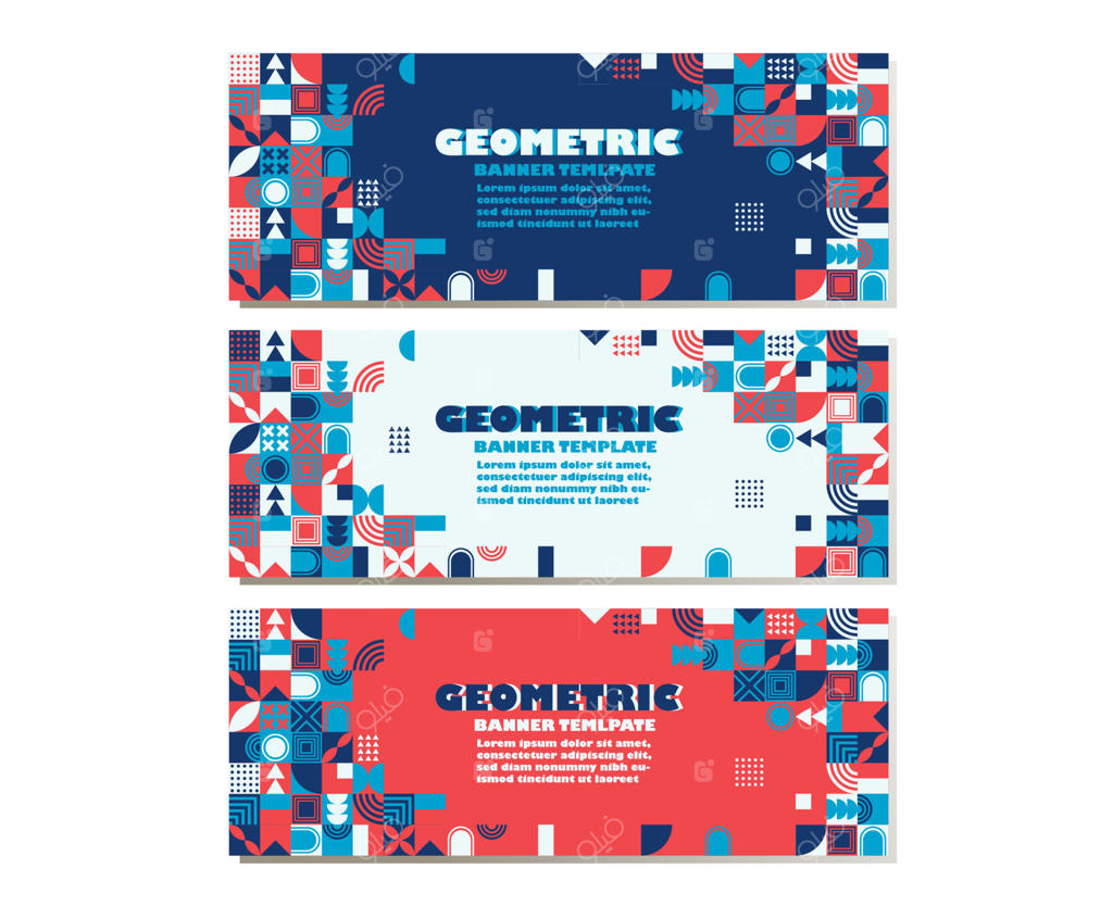 پترن پس‌زمینه طراحی گرافیکی انتزاعی وکتور. مجموعه بنرها با اشکال هندسی ساده