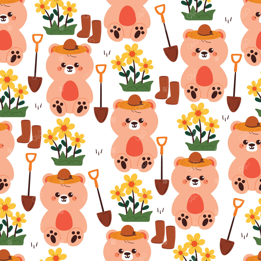 پترن یکپارچه خرس کارتونی بامزه با گل‌ها و وسایل باغ. طرح حیوانات دوست‌داشتنی برای کاغذ دیواری و پس‌زمینه