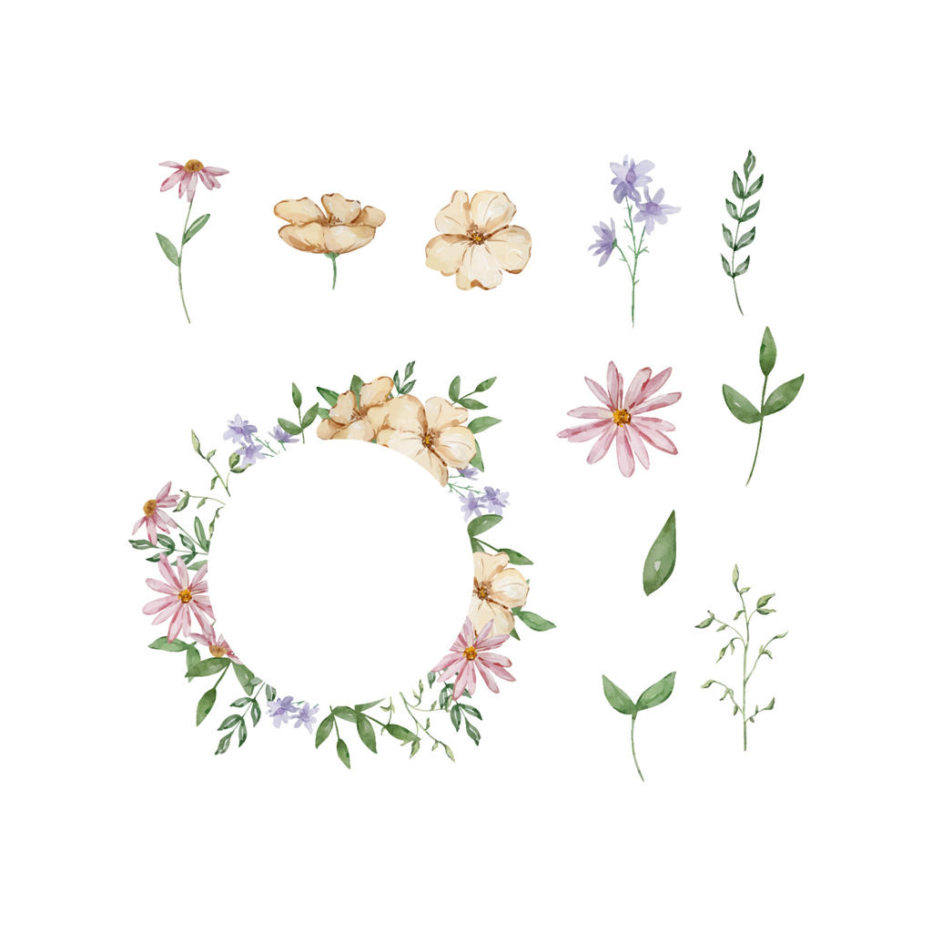 قاب با گل‌ها و برگ‌های آبرنگی باغچه‌ای