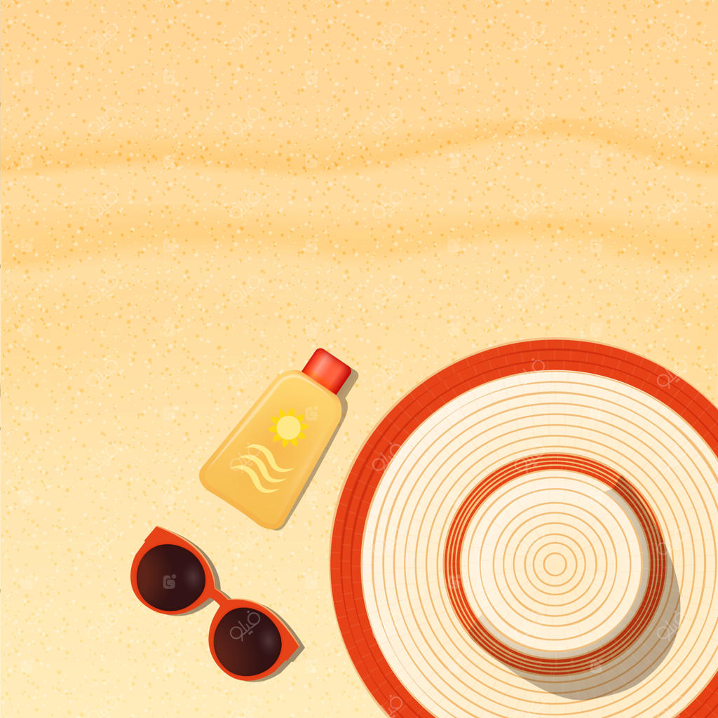 لوازم محافظت در برابر آفتاب روی شن‌های ساحل: کرم ضدآفتاب، عینک آفتابی و کلاه