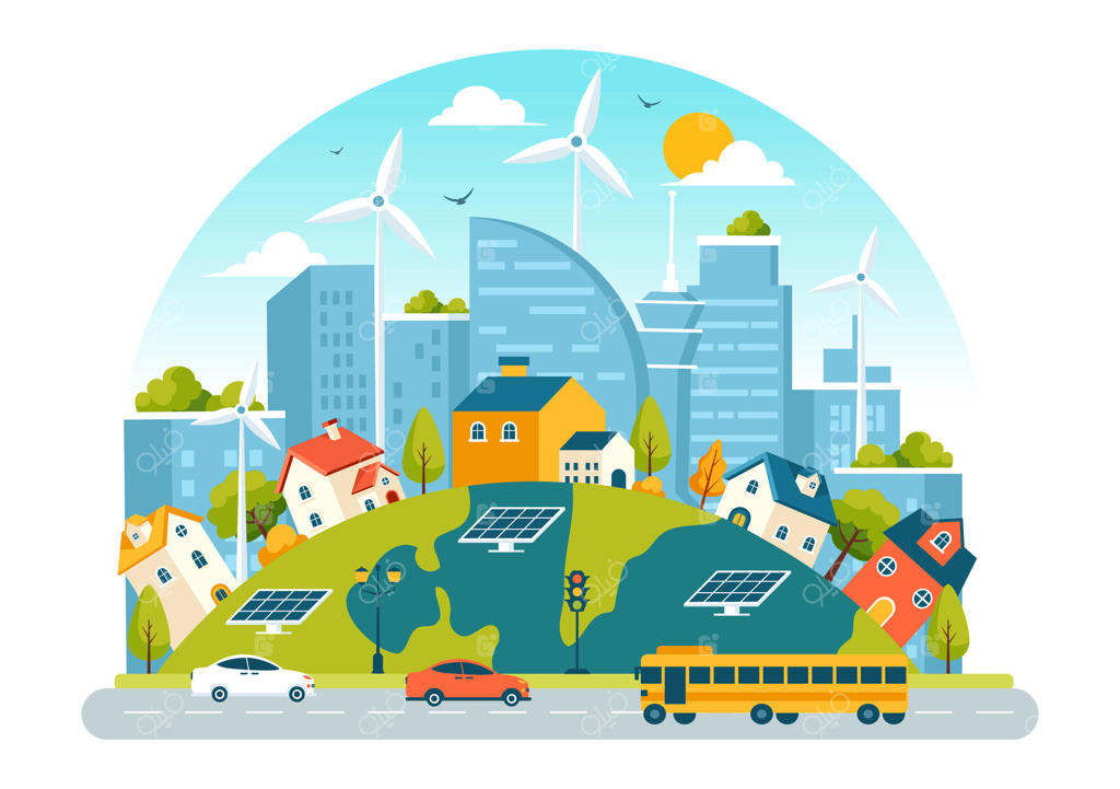 تصویری از بهره‌وری انرژی شهری با پانل‌های خورشیدی و توربین‌های بادی در محیطی سبز