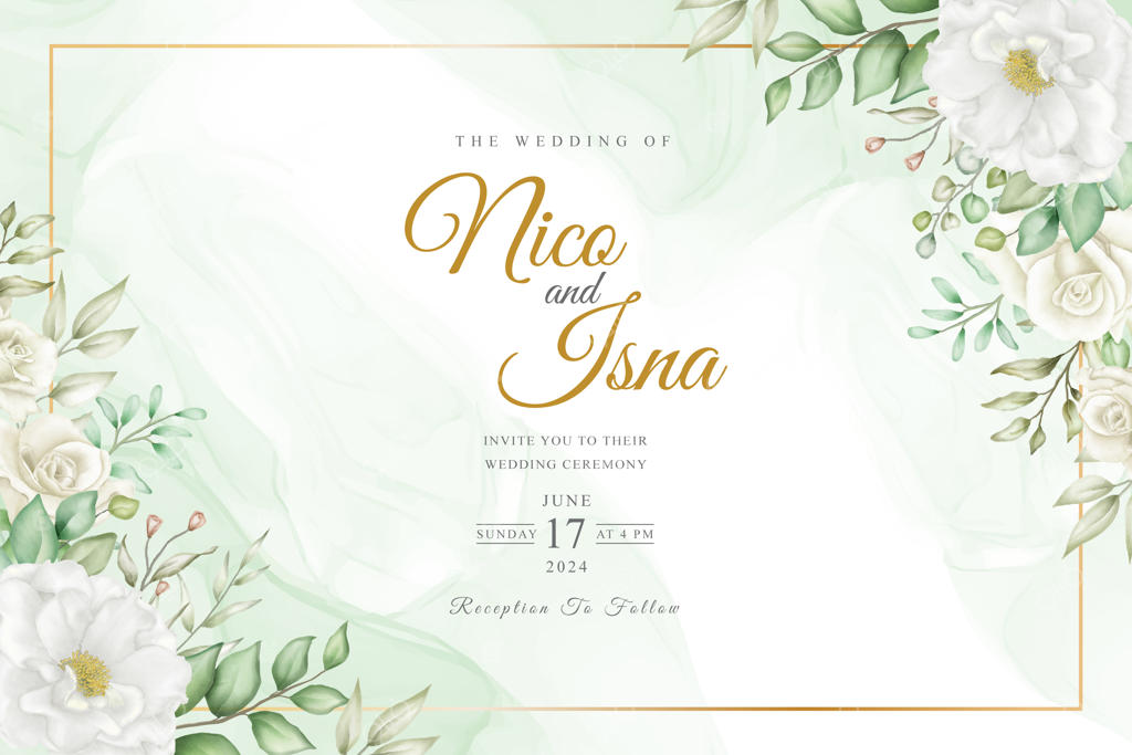 طراحی کارت دعوت عروسی شیک و نرم با گل‌ها و برگ‌های آبرنگی