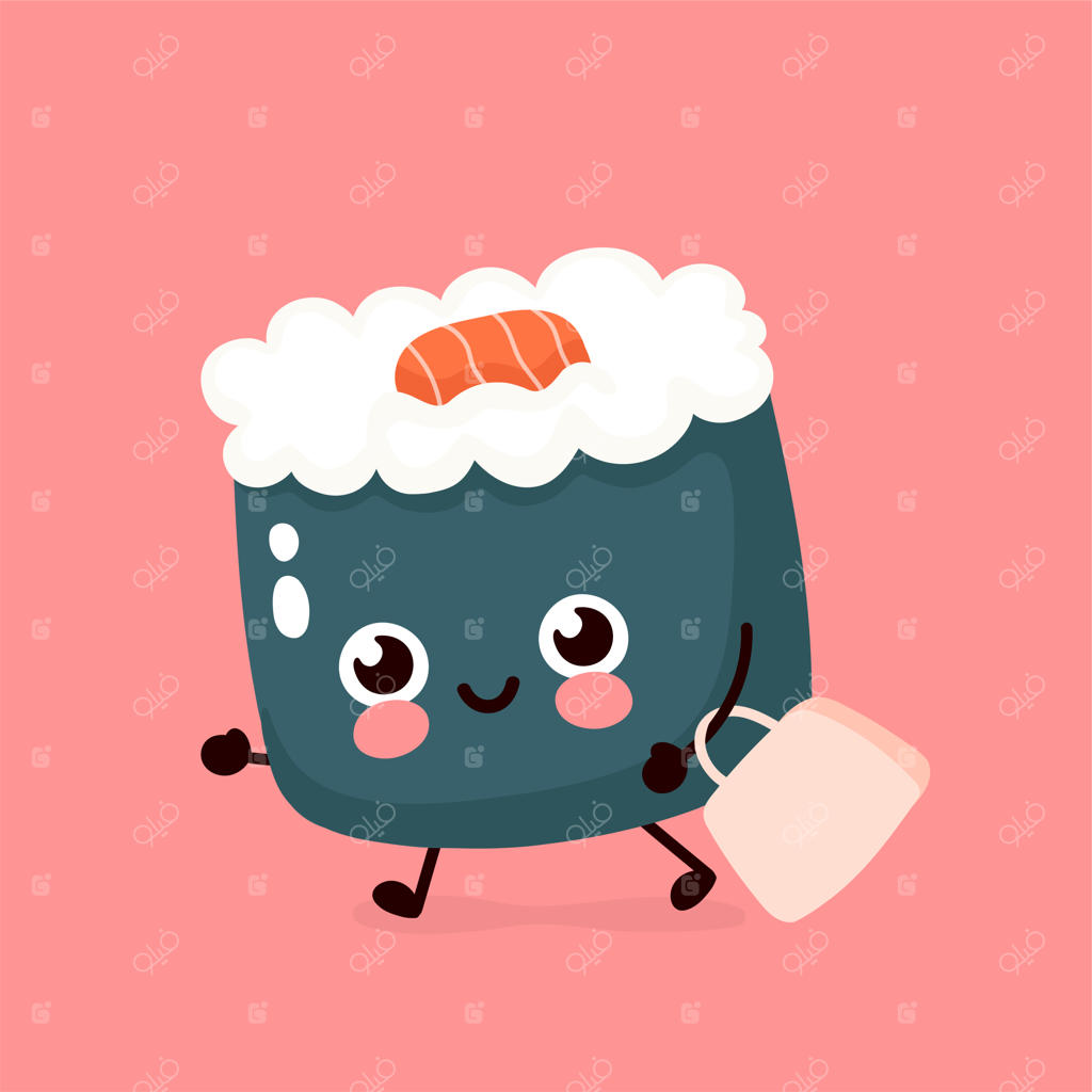 نقاشی بامزه سوشی خندان با کیف در حال دویدن - طرح کارت دست‌کشیده. غذای آسیایی، ژاپنی و چینی با تحویل سریع