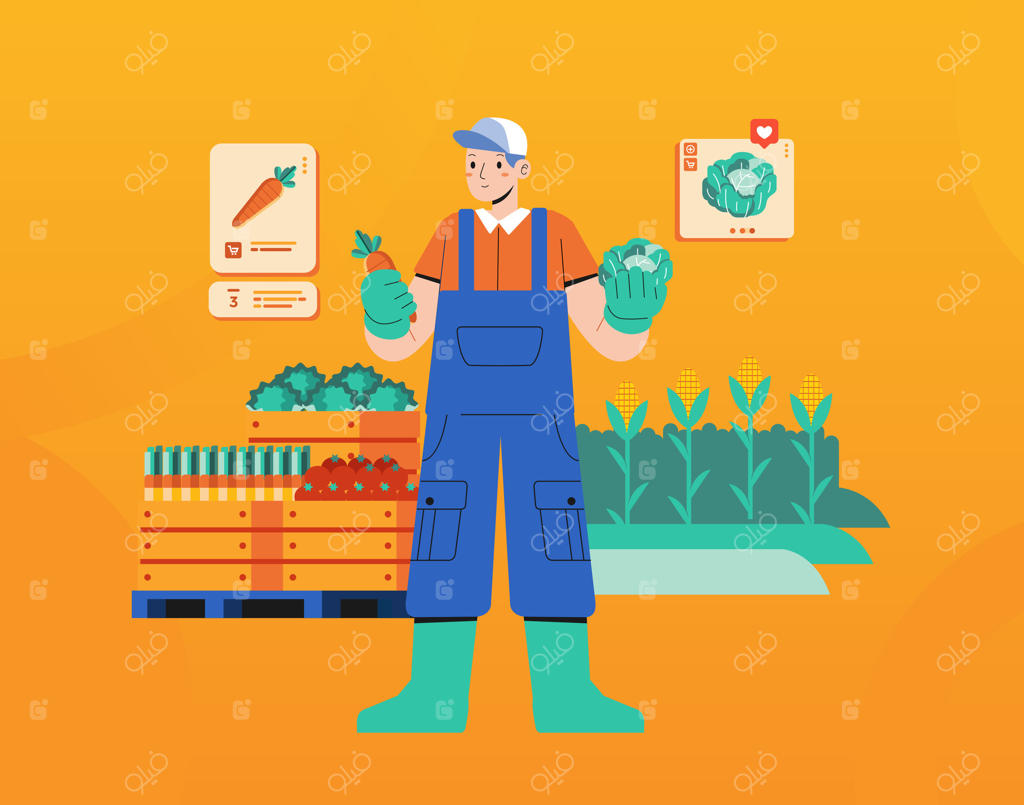 کشاورزی مدرن: کشاورز خوشحال با لباس کار و محصولات تازه در مزرعه