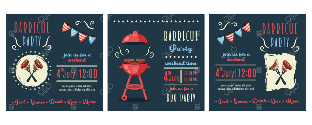 روز استقلال آمریکا: مجموعه‌ای از تصاویر کباب‌پزی با باربیکیو، استیک‌ها و سبزیجات. گریل باربیکیو. دعوت‌نامه‌ها، بنرها و بروشورهای مهمانی ۴ ژوئیه. عناصر پیک‌نیک جشن. تصویرسازی ساده.