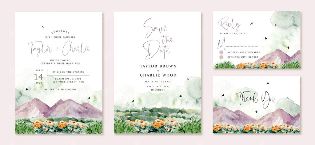 دعوتنامه عروسی با طراحی آبرنگی منظره کوه و دشت گل