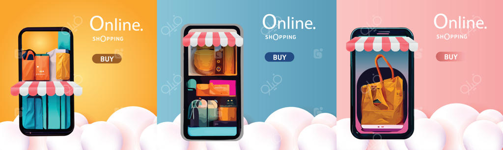 ایده خرید آنلاین یا تحویل: نمایش سه‌بعدی چرخ‌دستی، کیف‌ها و جعبه‌ها. طراحی مدرن و رنگ‌های زنده روی گوشی هوشمند