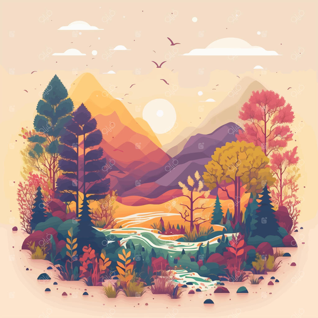 پس‌زمینه طبیعت با منظره کوهستان، جنگل و دشت در رنگ‌های تخت وکتور