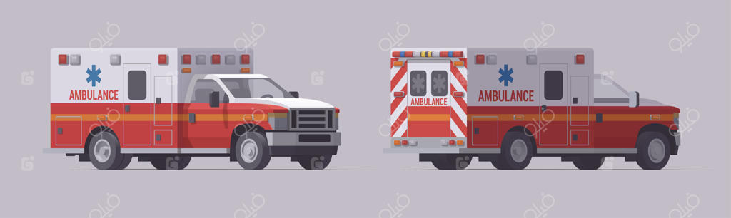 مجموعه کامیون‌های اضطراری آمبولانس: خودروهای نجات جدا از هم با نمای جلو و نمای عقب.