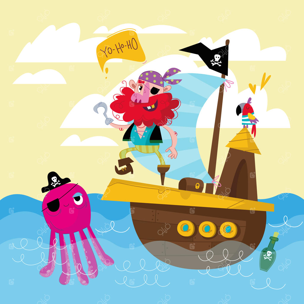 دزد دریایی خنده‌دار بر روی عرشه کشتی ایستاده و به کراکنی با کلاه سیاه که روی آب شناور است نگاه می‌کند.