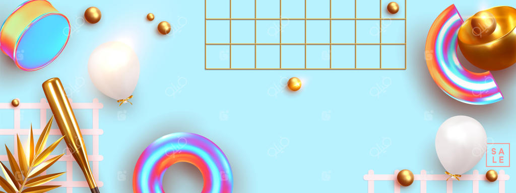 پس‌زمینه انتزاعی و مینیمال خلاقانه: طراحی واقع‌گرایانه اشیای سه‌بعدی با اشکال متنوع، برگ‌های نخل طلایی، کره و اشکال هندسی. بنر و پوستر. تصویرسازی وکتور