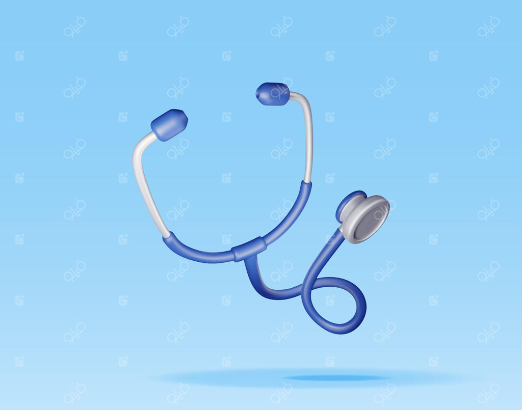 تصویر سه بعدی گوشی پزشکی در پس‌زمینه آبی؛ رندر آیکون ابزار معاینه، پزشکی و سلامت، قلب و عروق، داروخانه و آموزش پزشکی