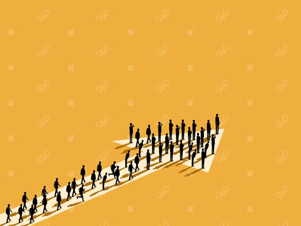 گروهی از افراد در صفی ایستاده‌اند و پیکانی به سمت جهت خاصی را تشکیل داده‌اند