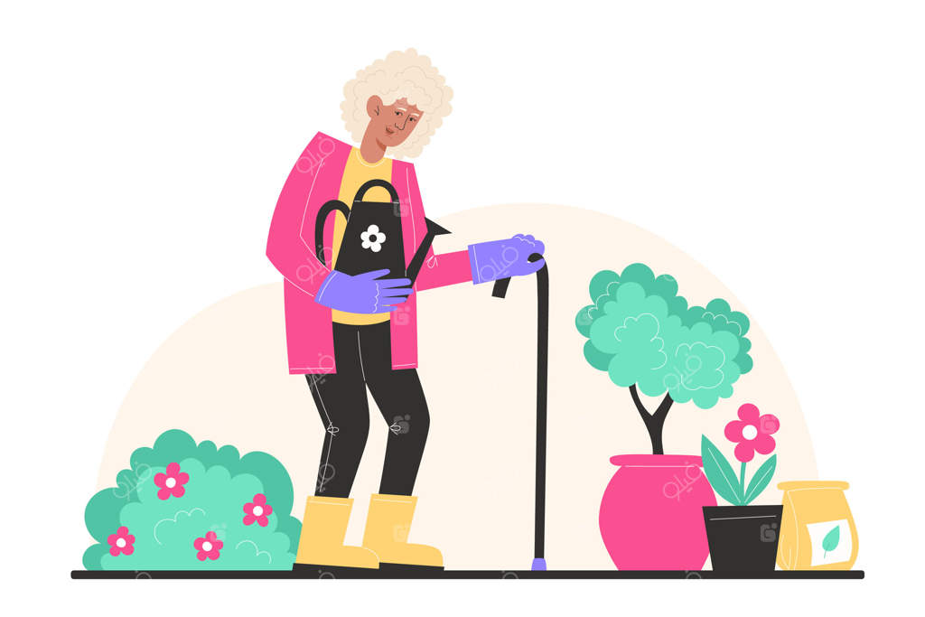 زنی سالخورده با عصا در باغ ایستاده و آب‌پاشی به دست دارد