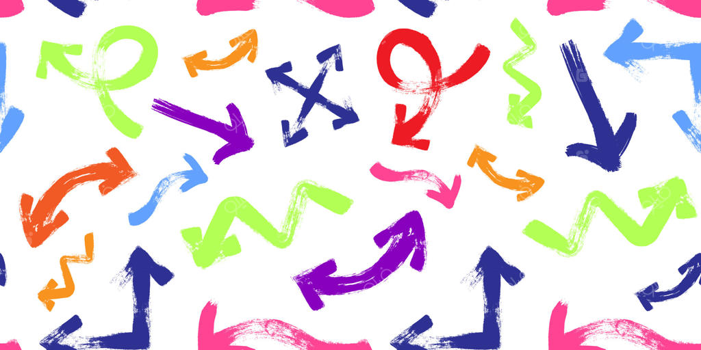 طرح زمینه پیکان‌های رنگارنگ: فلش‌های دست‌کشیده با بافت قلم‌مو بر روی زمینه سفید برای طراحی وب، پارچه، مد، کاغذ دیواری و کادو