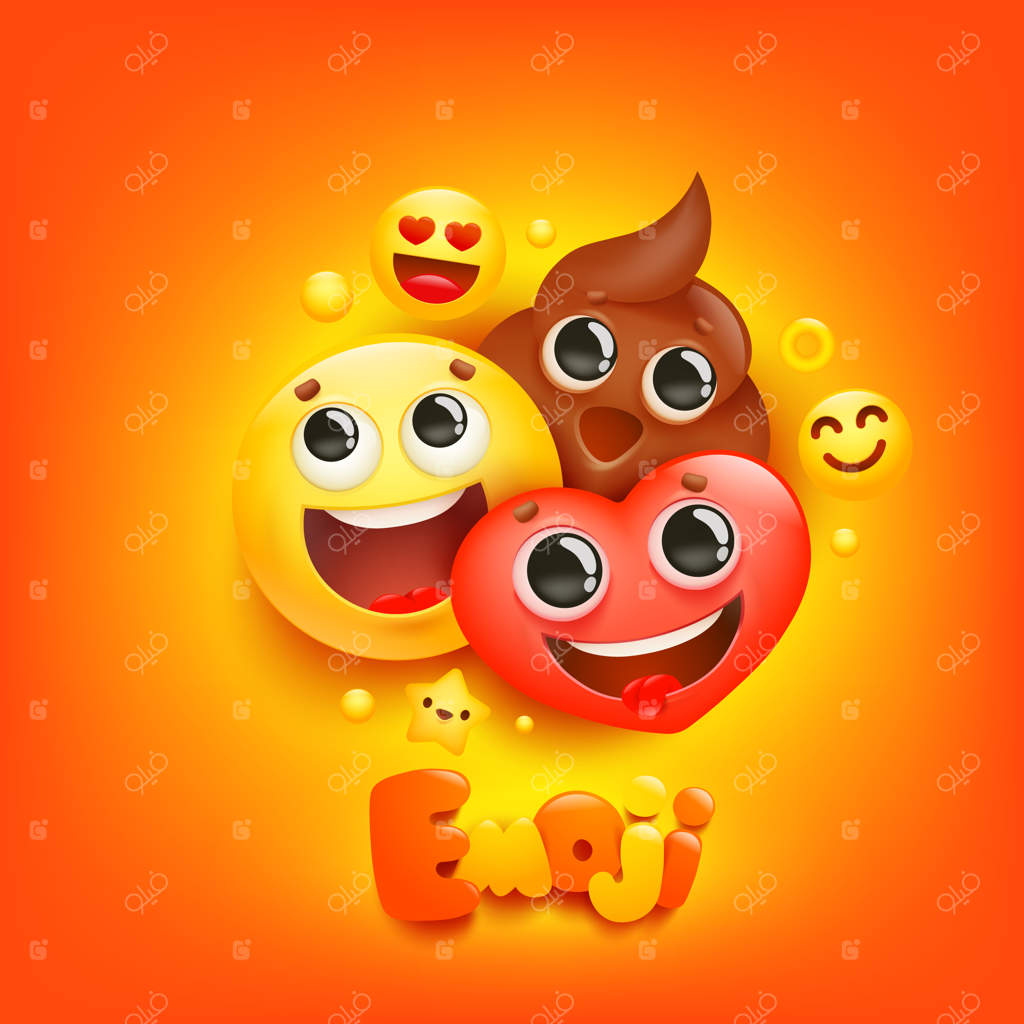 شخصیت‌های کارتونی ایموجی در پس‌زمینه زرد: حالات چهره و لبخندها