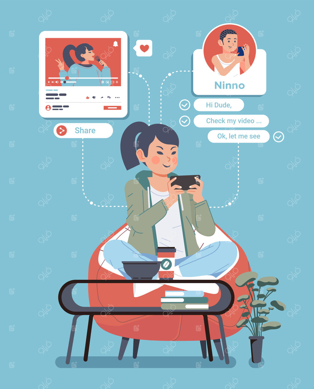 دختر جوان روی مبل نشسته و با دوستش تماس تصویری می‌گیرد