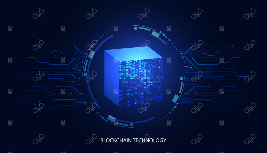 رابطه دیجیتال مدرن: اشکال مربعی و دایره‌ای، مدارهای پیشرفته، بلاکچین و فناوری ارزهای دیجیتال بر روی زمینه آبی، آینده‌نگر و غیرمتمرکز.