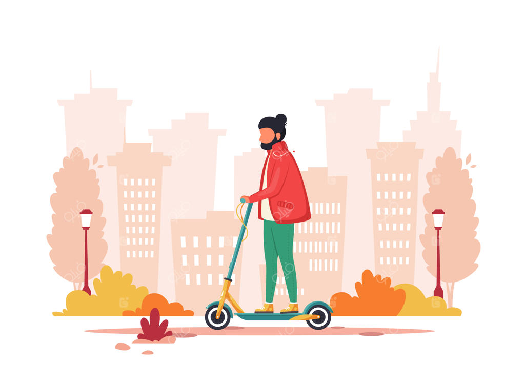 مردی سوار بر اسکوتر برقی در پاییز؛ مفهوم حمل و نقل سبز.