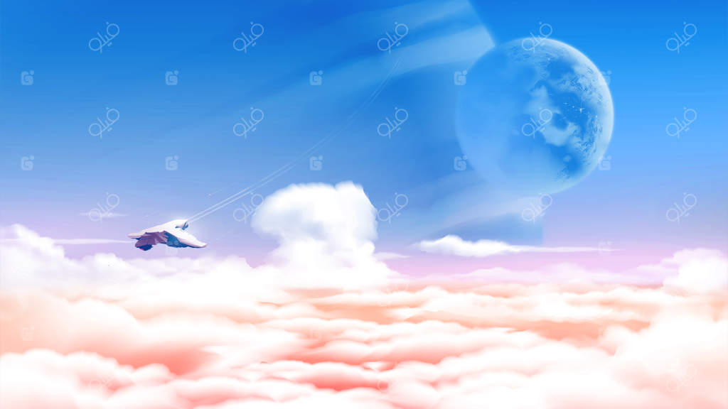 تصویر علمی-تخیلی از سیاره‌ای بیگانه بالای دریای ابرها با چشم‌اندازی وسیع از سیارات عظیم