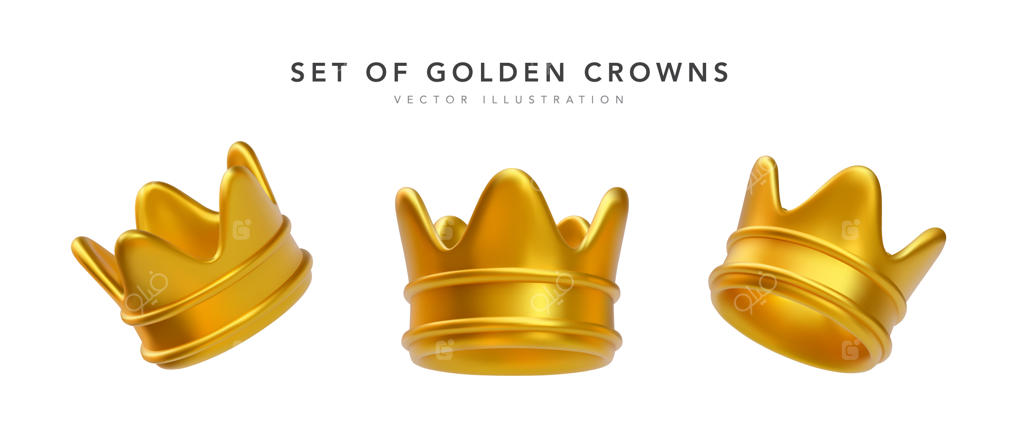 مجموعه تاج‌های طلایی سه‌بعدی واقعی در پس‌زمینه سفید - تصویر وکتور