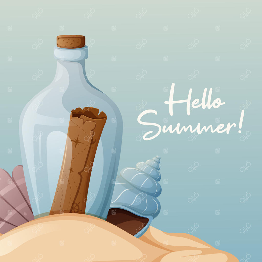 بطری شیشه‌ای حاوی نقشه گنج قدیمی و صدفی به شکل مخروط در شن - تصویر برداری