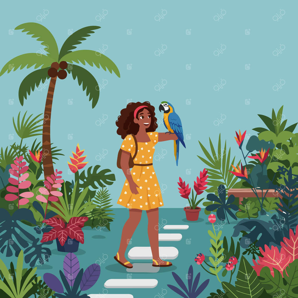 تصویر زنی با طوطی در باغ بهشتی گرمسیری