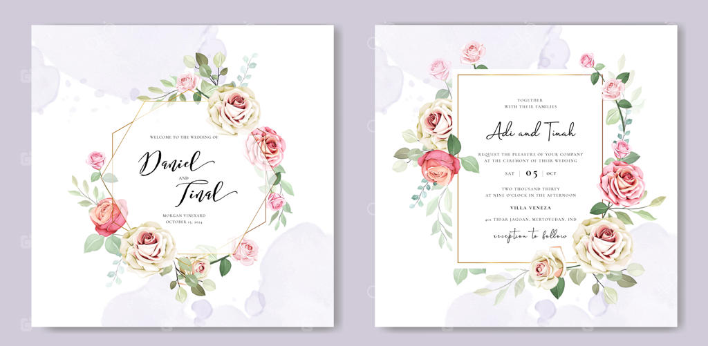 پترن کارت دعوت عروسی زیبا با طرح گل‌ها و برگ‌ها