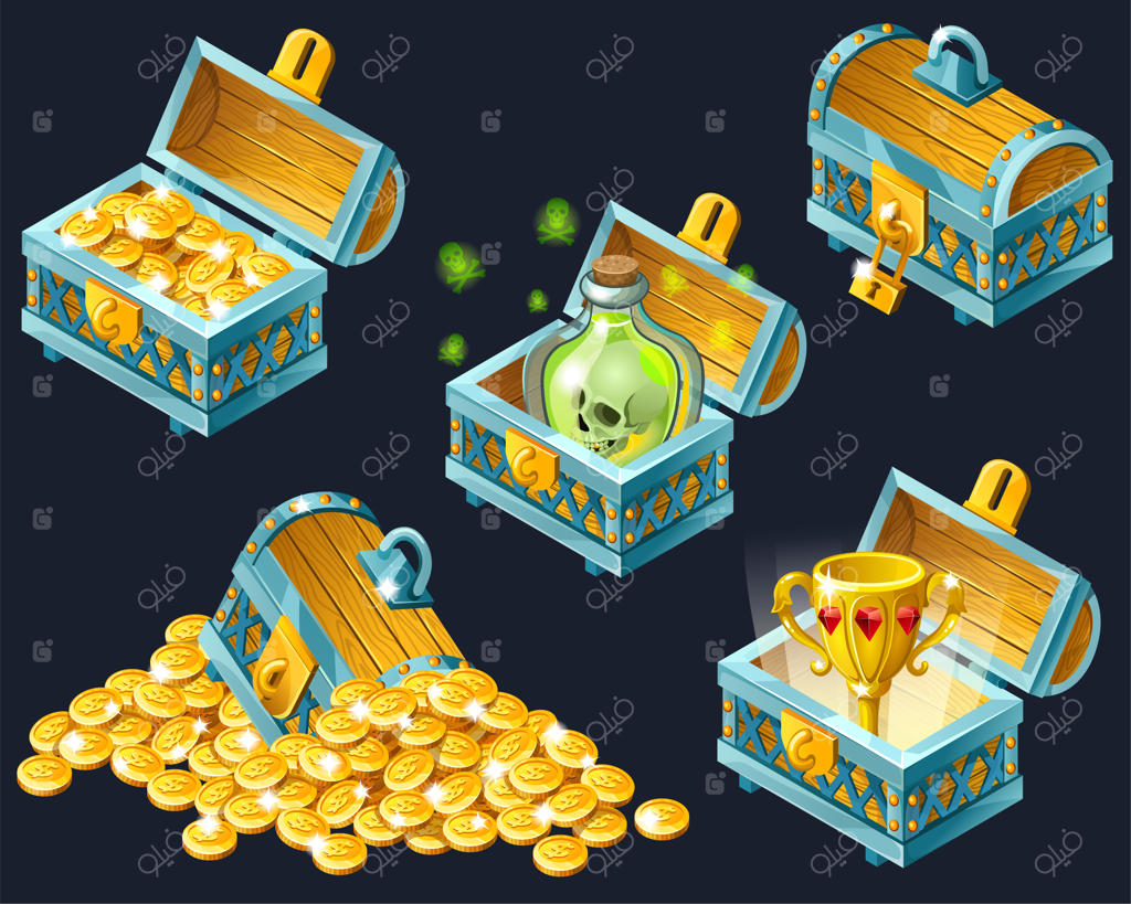 گنجینه‌های کارتونی ایزومتریک با گنج‌ها